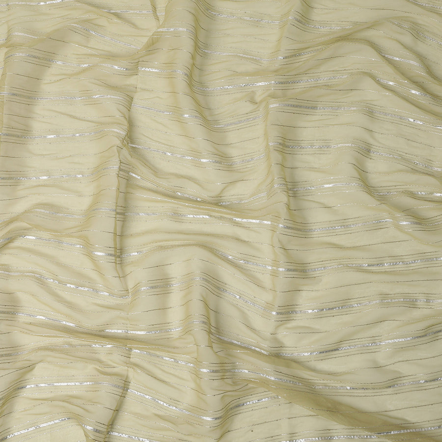 Light Yellow Silver Zari Striped Synthetic Georgette Chiffon Fabric, 110 Cms Width, Made in India-D26205