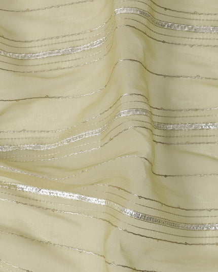 Light Yellow Silver Zari Striped Synthetic Georgette Chiffon Fabric, 110 Cms Width, Made in India-D26205