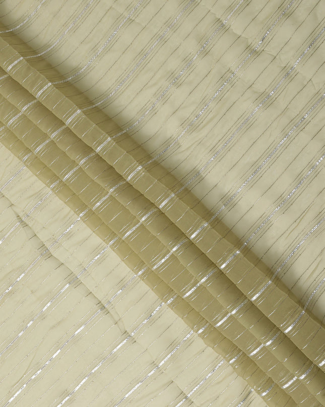 Light Yellow Silver Zari Striped Synthetic Georgette Chiffon Fabric, 110 Cms Width, Made in India-D26205