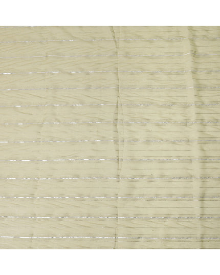 Light Yellow Silver Zari Striped Synthetic Georgette Chiffon Fabric, 110 Cms Width, Made in India-D26205