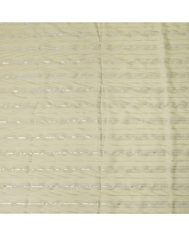 Light Yellow Silver Zari Striped Synthetic Georgette Chiffon Fabric, 110 Cms Width, Made in India-D26205