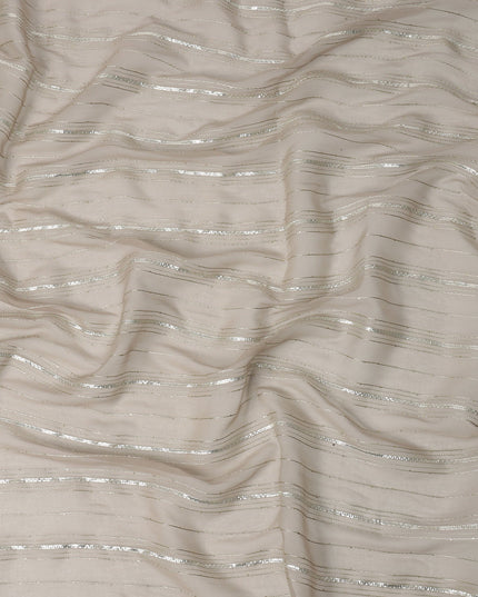 Beige Silver Zari Striped Synthetic Georgette Chiffon Fabric, 110 Cms Width, Made in India-D26206