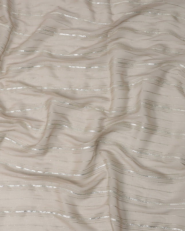 Beige Silver Zari Striped Synthetic Georgette Chiffon Fabric, 110 Cms Width, Made in India-D26206