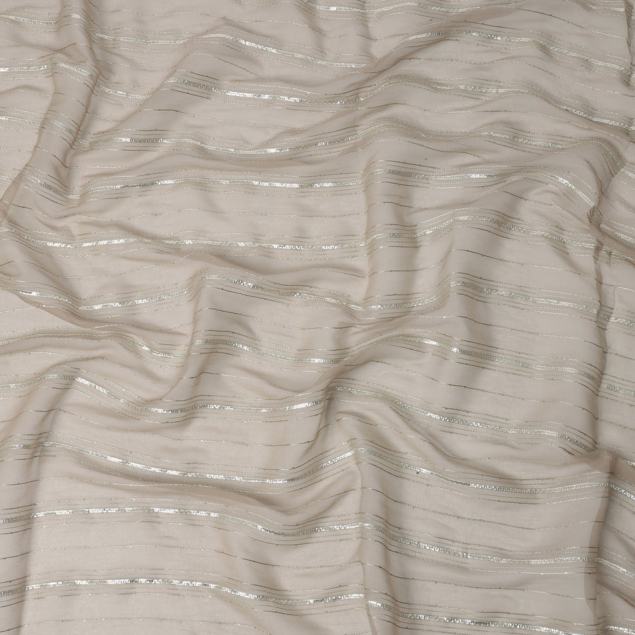 Beige Silver Zari Striped Synthetic Georgette Chiffon Fabric, 110 Cms Width, Made in India-D26206