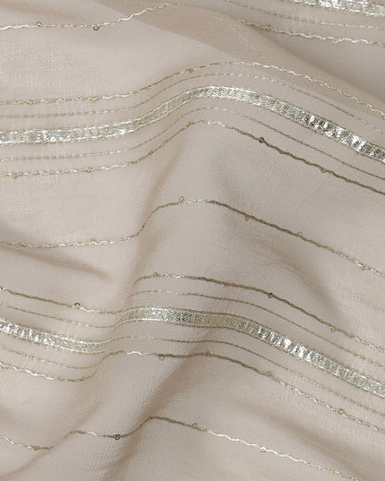 Beige Silver Zari Striped Synthetic Georgette Chiffon Fabric, 110 Cms Width, Made in India-D26206