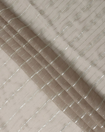 Beige Silver Zari Striped Synthetic Georgette Chiffon Fabric, 110 Cms Width, Made in India-D26206