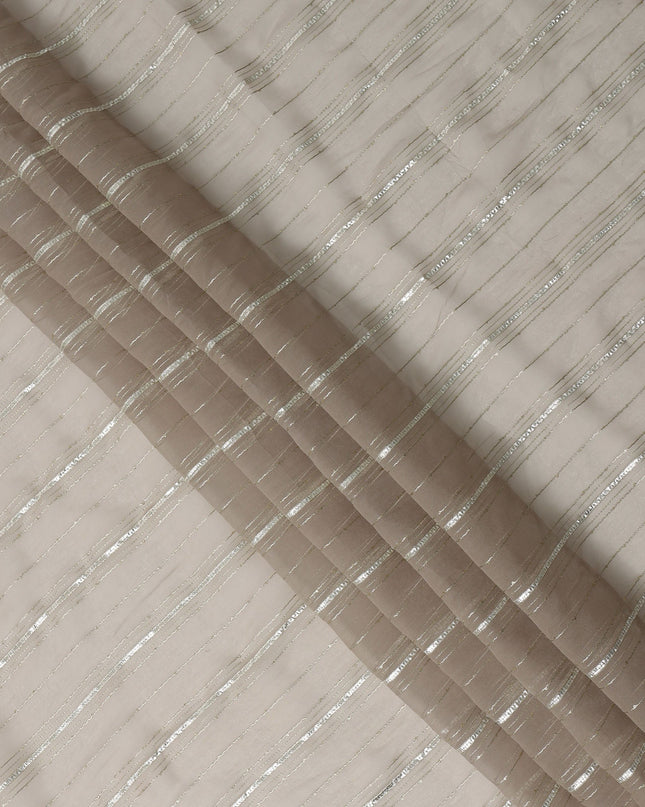 Beige Silver Zari Striped Synthetic Georgette Chiffon Fabric, 110 Cms Width, Made in India-D26206