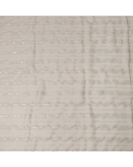 Beige Silver Zari Striped Synthetic Georgette Chiffon Fabric, 110 Cms Width, Made in India-D26206