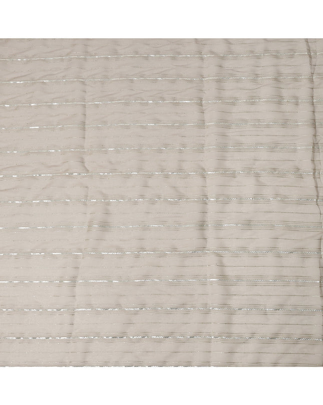 Beige Silver Zari Striped Synthetic Georgette Chiffon Fabric, 110 Cms Width, Made in India-D26206