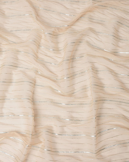Peach Silver Zari Striped Synthetic Georgette Chiffon Fabric, 110 Cms Width, Made in India-D26202