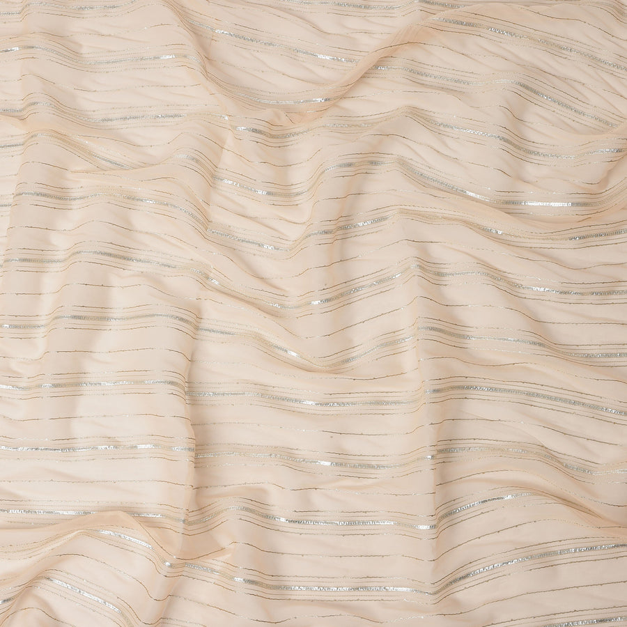 Peach Silver Zari Striped Synthetic Georgette Chiffon Fabric, 110 Cms Width, Made in India-D26202