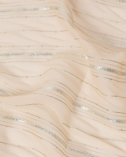 Peach Silver Zari Striped Synthetic Georgette Chiffon Fabric, 110 Cms Width, Made in India-D26202