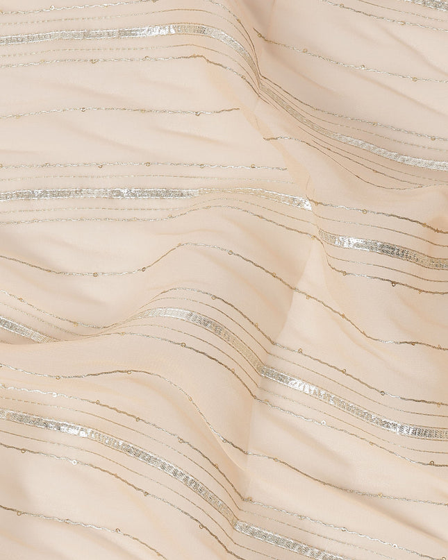 Peach Silver Zari Striped Synthetic Georgette Chiffon Fabric, 110 Cms Width, Made in India-D26202