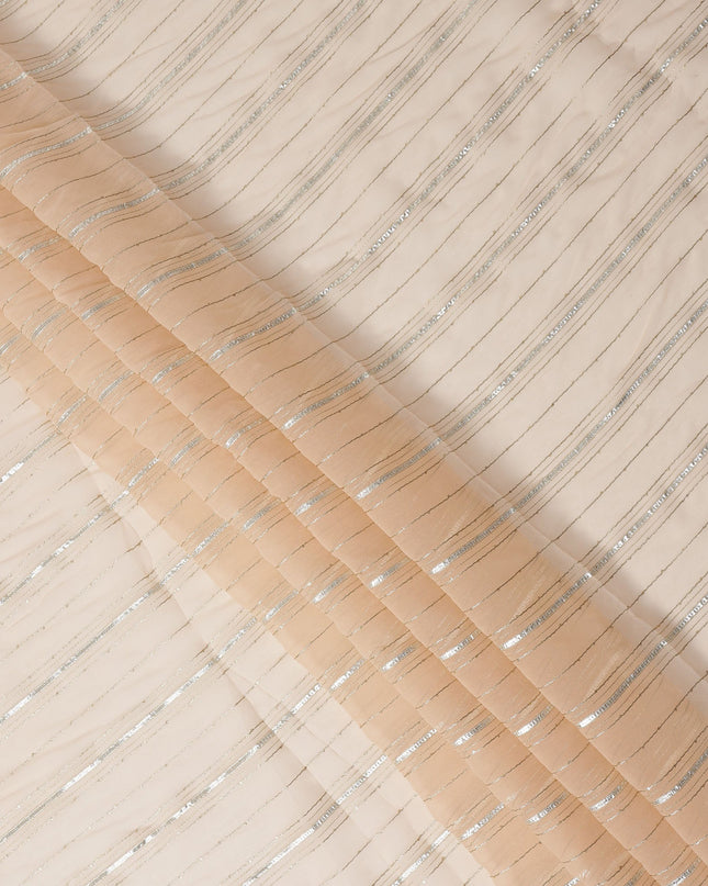 Peach Silver Zari Striped Synthetic Georgette Chiffon Fabric, 110 Cms Width, Made in India-D26202