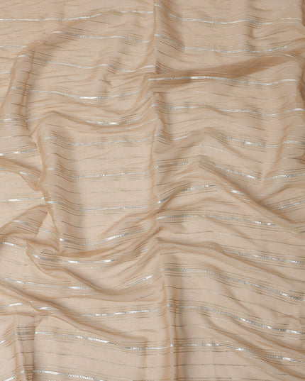 Beige Silver Zari Striped Synthetic Georgette Chiffon Fabric, 110 Cms Width, Made in India-D26199