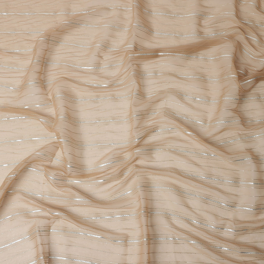 Beige Silver Zari Striped Synthetic Georgette Chiffon Fabric, 110 Cms Width, Made in India-D26199