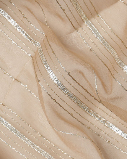 Beige Silver Zari Striped Synthetic Georgette Chiffon Fabric, 110 Cms Width, Made in India-D26199
