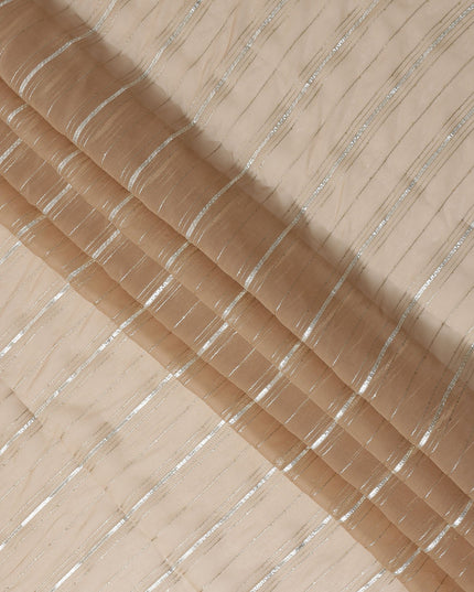 Beige Silver Zari Striped Synthetic Georgette Chiffon Fabric, 110 Cms Width, Made in India-D26199