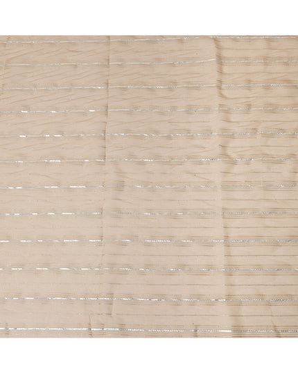 Beige Silver Zari Striped Synthetic Georgette Chiffon Fabric, 110 Cms Width, Made in India-D26199