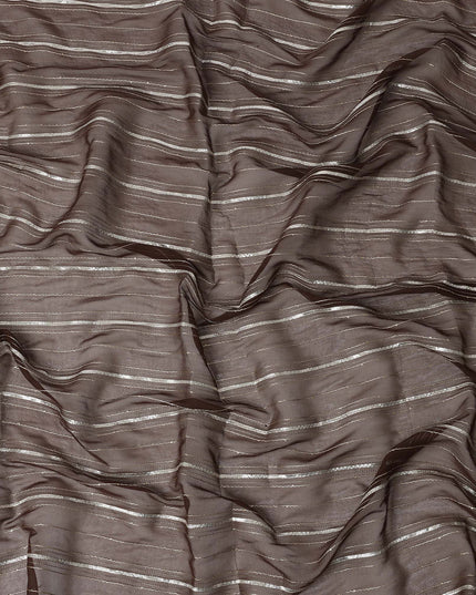 Coffee Brown Silver Zari Striped Synthetic Georgette Chiffon Fabric, 110 Cms Width, Made in India-D26197