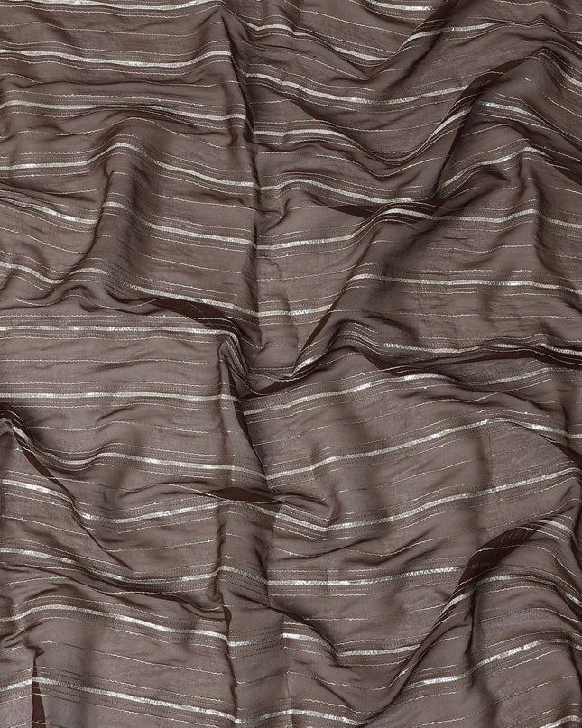 Coffee Brown Silver Zari Striped Synthetic Georgette Chiffon Fabric, 110 Cms Width, Made in India-D26197