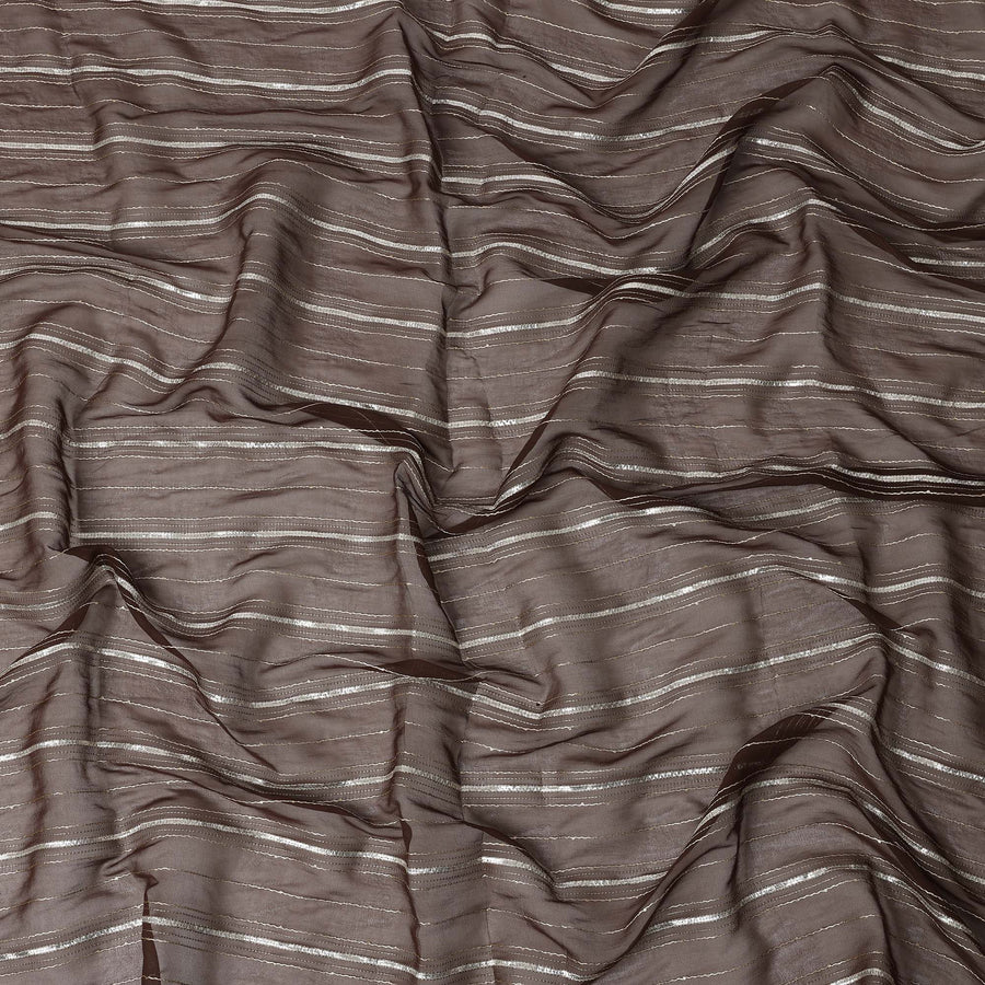 Coffee Brown Silver Zari Striped Synthetic Georgette Chiffon Fabric, 110 Cms Width, Made in India-D26197