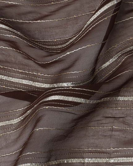 Coffee Brown Silver Zari Striped Synthetic Georgette Chiffon Fabric, 110 Cms Width, Made in India-D26197