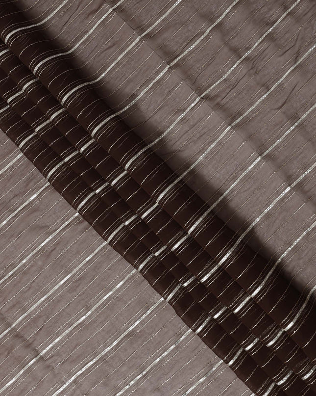 Coffee Brown Silver Zari Striped Synthetic Georgette Chiffon Fabric, 110 Cms Width, Made in India-D26197