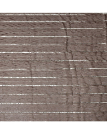 Coffee Brown Silver Zari Striped Synthetic Georgette Chiffon Fabric, 110 Cms Width, Made in India-D26197