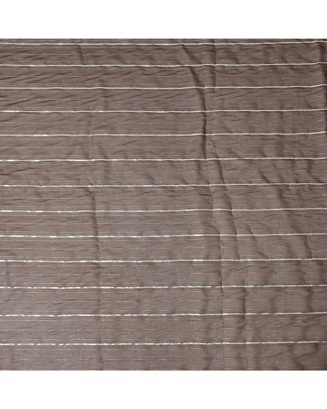 Coffee Brown Silver Zari Striped Synthetic Georgette Chiffon Fabric, 110 Cms Width, Made in India-D26197