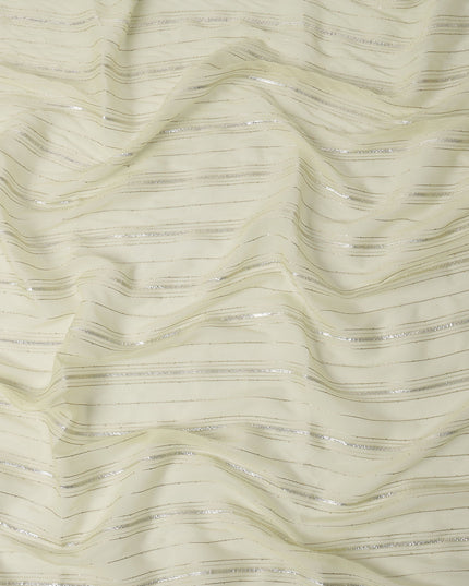 Ivory Silver Zari Striped Synthetic Georgette Chiffon Fabric, 110 Cms Width, Made in India-D26201