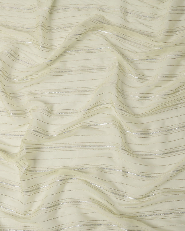 Ivory Silver Zari Striped Synthetic Georgette Chiffon Fabric, 110 Cms Width, Made in India-D26201