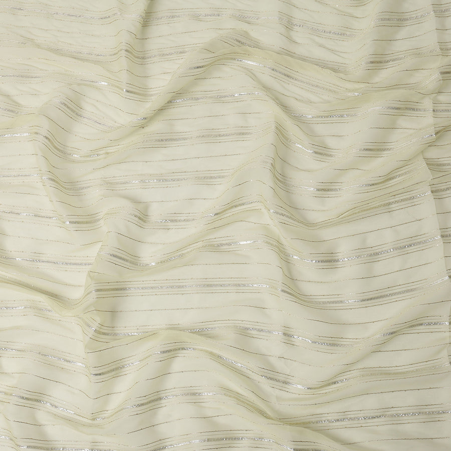Ivory Silver Zari Striped Synthetic Georgette Chiffon Fabric, 110 Cms Width, Made in India-D26201