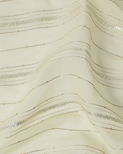 Ivory Silver Zari Striped Synthetic Georgette Chiffon Fabric, 110 Cms Width, Made in India-D26201