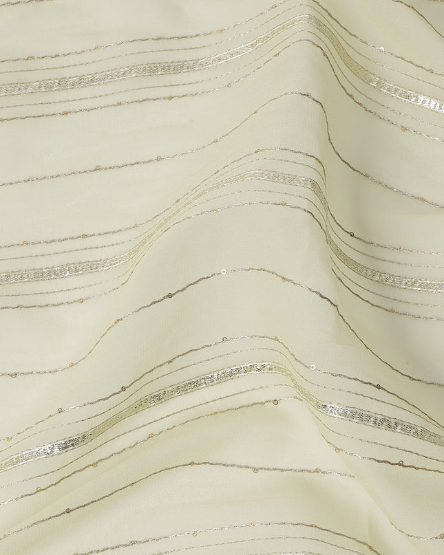 Ivory Silver Zari Striped Synthetic Georgette Chiffon Fabric, 110 Cms Width, Made in India-D26201