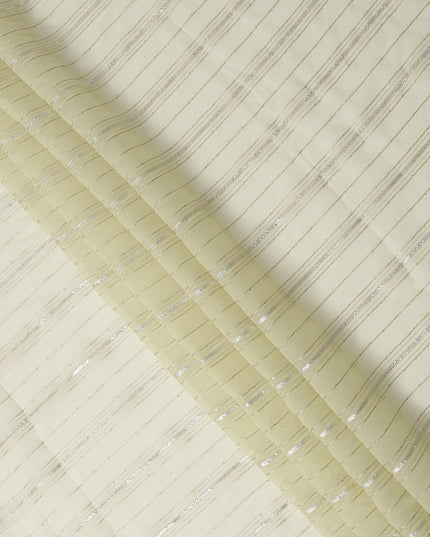 Ivory Silver Zari Striped Synthetic Georgette Chiffon Fabric, 110 Cms Width, Made in India-D26201