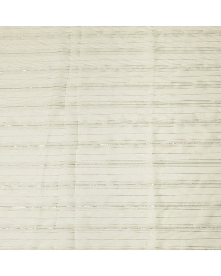 Ivory Silver Zari Striped Synthetic Georgette Chiffon Fabric, 110 Cms Width, Made in India-D26201