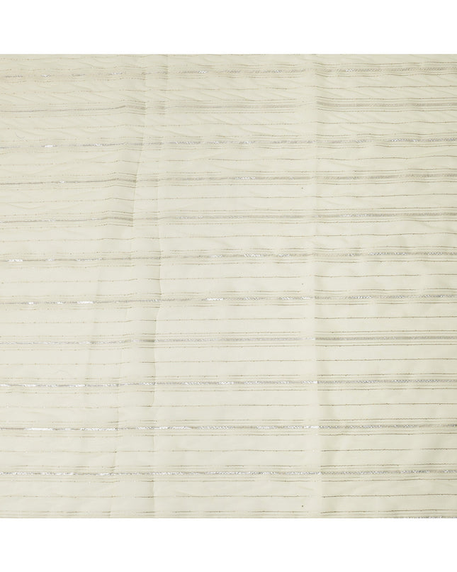 Ivory Silver Zari Striped Synthetic Georgette Chiffon Fabric, 110 Cms Width, Made in India-D26201