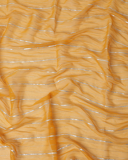 Mustard Yellow Silver Zari Striped Synthetic Georgette Chiffon Fabric, 110 Cms Width, Made in India-D26195