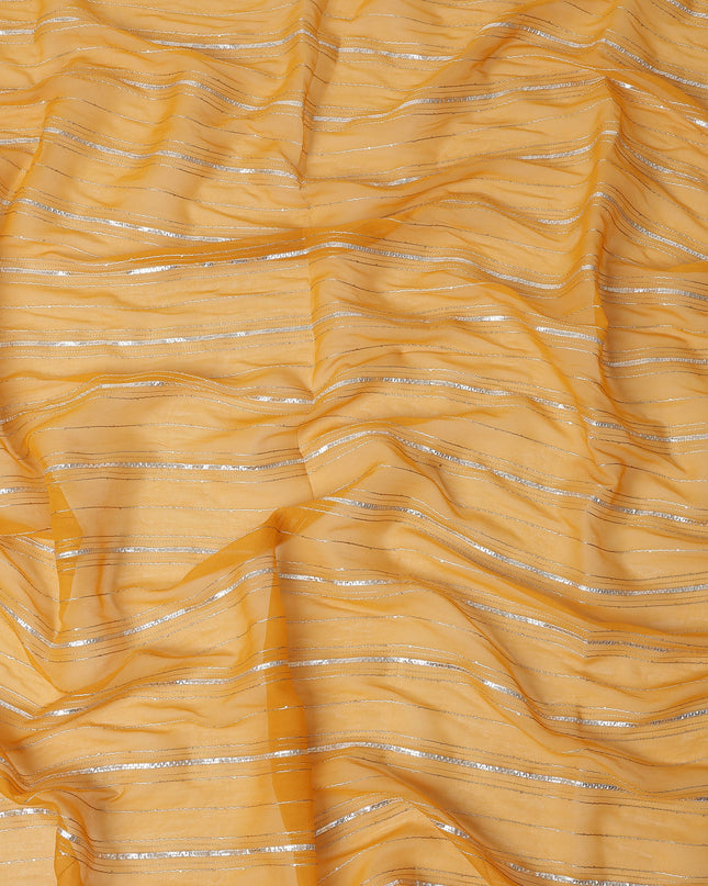 Mustard Yellow Silver Zari Striped Synthetic Georgette Chiffon Fabric, 110 Cms Width, Made in India-D26195
