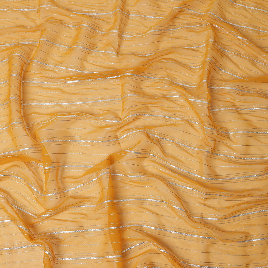 Mustard Yellow Silver Zari Striped Synthetic Georgette Chiffon Fabric, 110 Cms Width, Made in India-D26195