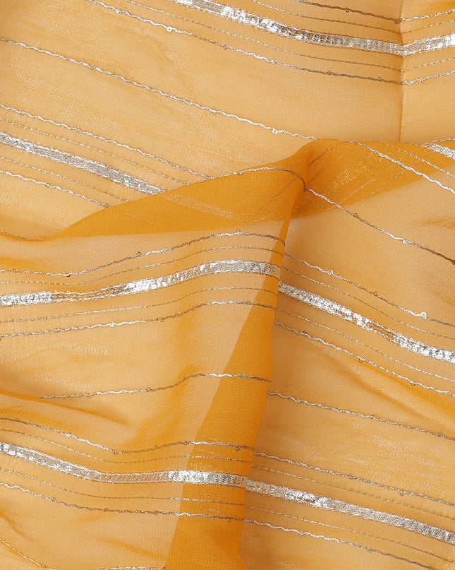 Mustard Yellow Silver Zari Striped Synthetic Georgette Chiffon Fabric, 110 Cms Width, Made in India-D26195