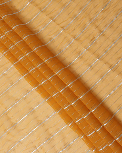 Mustard Yellow Silver Zari Striped Synthetic Georgette Chiffon Fabric, 110 Cms Width, Made in India-D26195