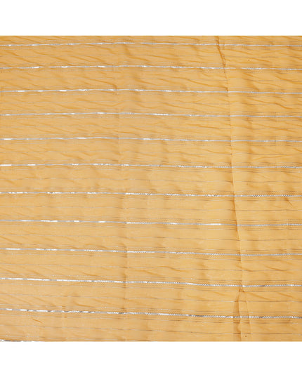 Mustard Yellow Silver Zari Striped Synthetic Georgette Chiffon Fabric, 110 Cms Width, Made in India-D26195