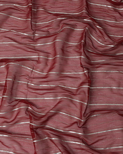 Maroon Silver Zari Striped Synthetic Georgette Chiffon Fabric, 110 Cms Width, Made in India-D26193