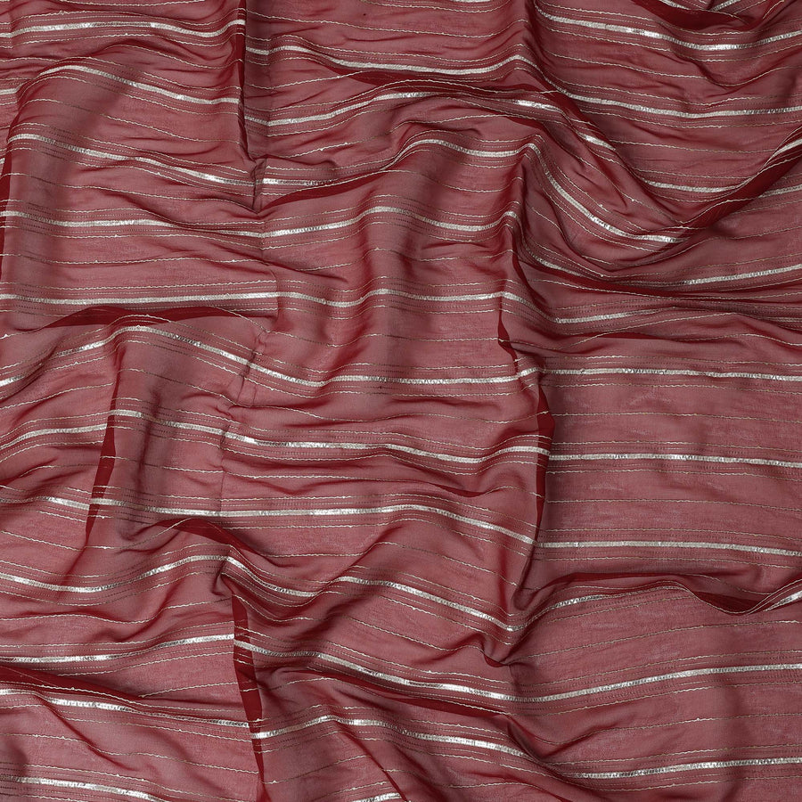 Maroon Silver Zari Striped Synthetic Georgette Chiffon Fabric, 110 Cms Width, Made in India-D26193