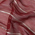Maroon Silver Zari Striped Synthetic Georgette Chiffon Fabric, 110 Cms Width, Made in India-D26193