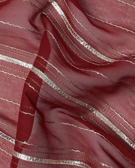 Maroon Silver Zari Striped Synthetic Georgette Chiffon Fabric, 110 Cms Width, Made in India-D26193