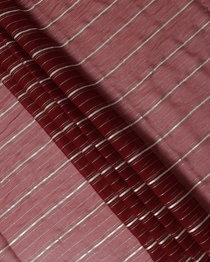 Maroon Silver Zari Striped Synthetic Georgette Chiffon Fabric, 110 Cms Width, Made in India-D26193