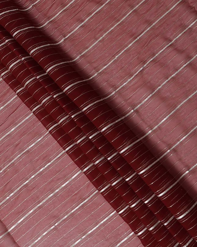 Maroon Silver Zari Striped Synthetic Georgette Chiffon Fabric, 110 Cms Width, Made in India-D26193